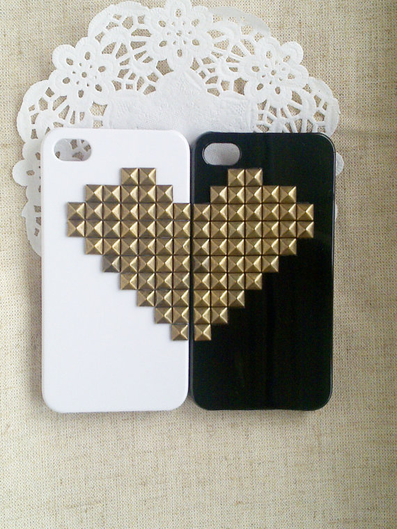 Bronze pyramid stud black and white Heart iPhone 4/4S cases For valentine-X1