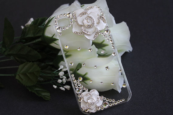 iPhone 4 case, iPhone 4s case, iPhone case, Hard case - Clear, White Rose and Rhinestones